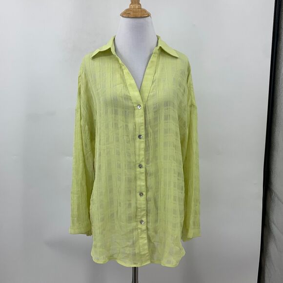 NewIn Shirt Womens M Medium Lime Light Semi Sheer Button Front Johnny Collar - Picture 2 of 15